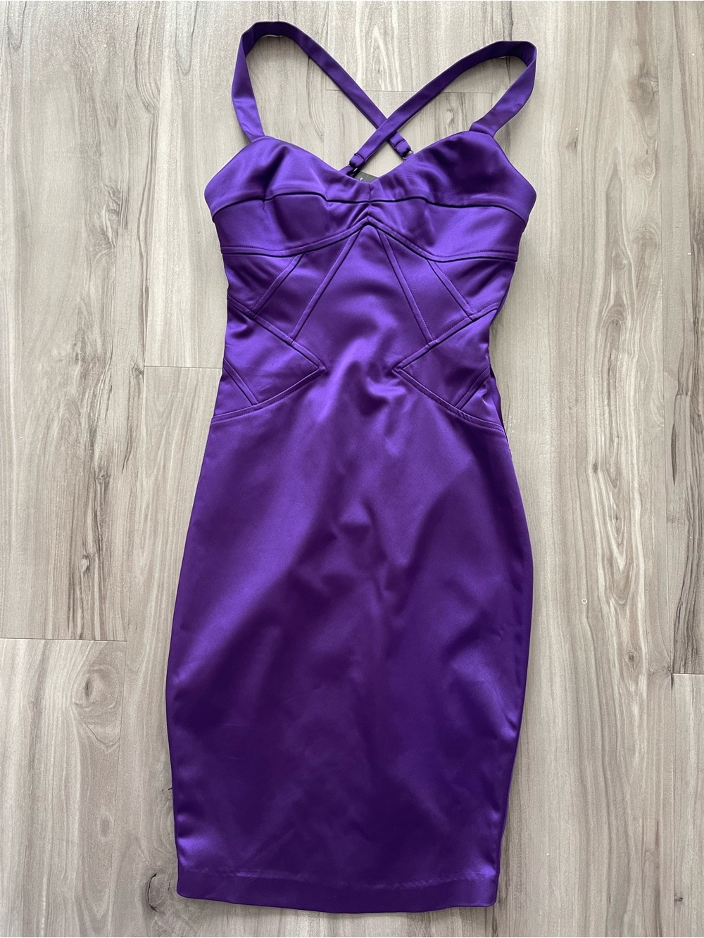 Brand New Bebe Purple Satin Midi Bodycon Dress with Strappy Back